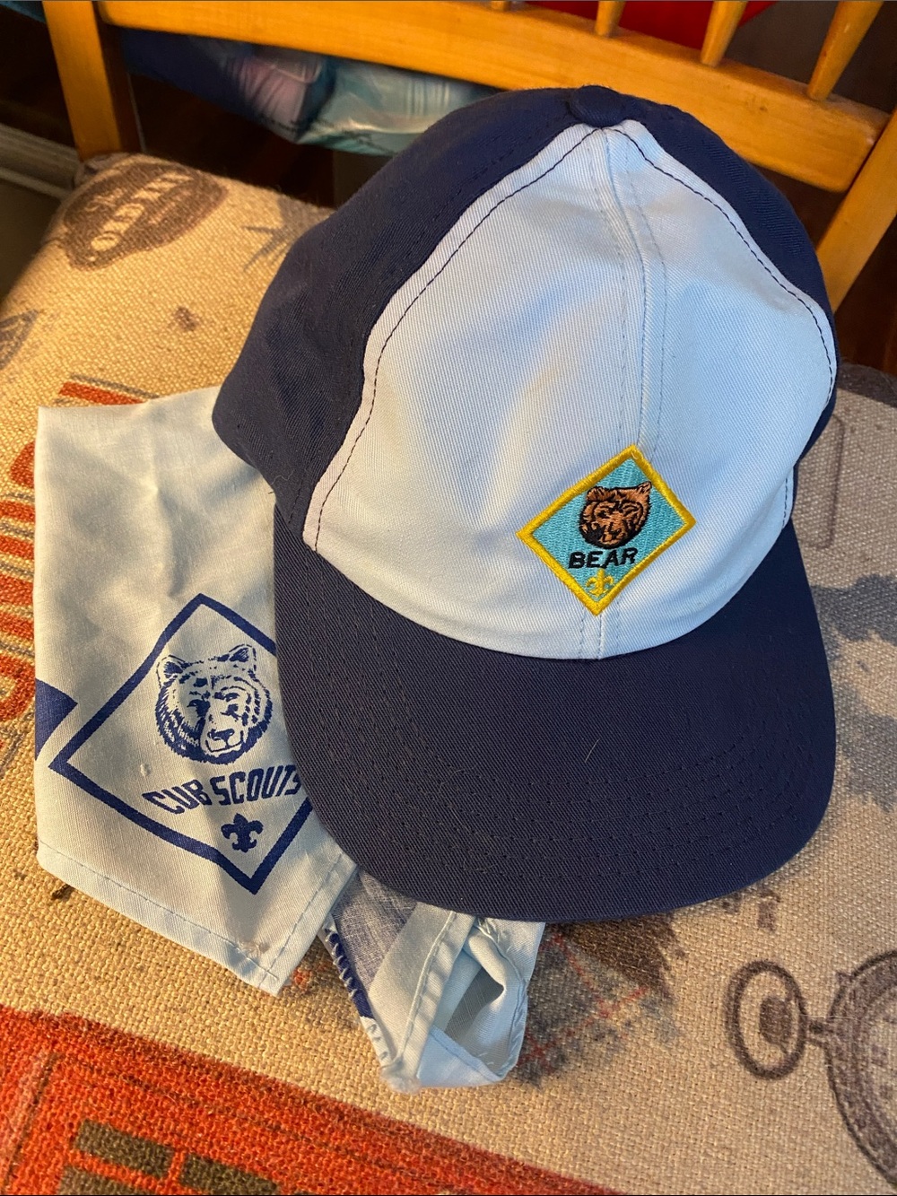 Bear Hat Cap Adjustable Twill Blue size YOUTH Boy Scouts S/M, scarf